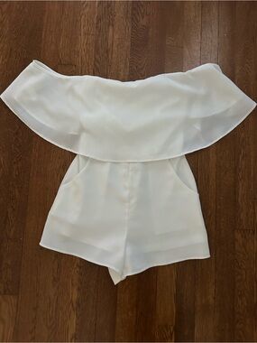 She + Sky White Romper with Ruffle Neckline